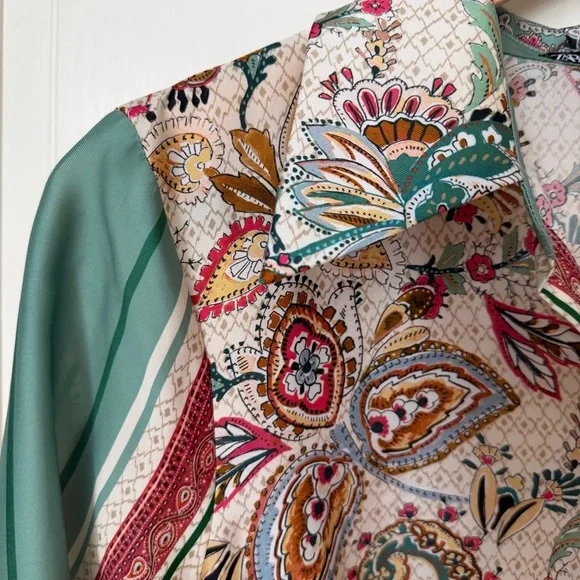 Zara Satin Foulard Paisley Maxi Dress Medium Shirt Dress Floral Belted
